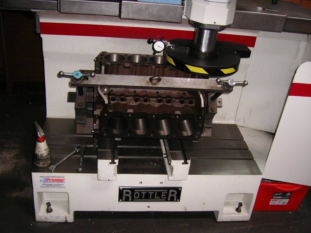 Decking a V8 block on our Rottler head and block surfacing machine